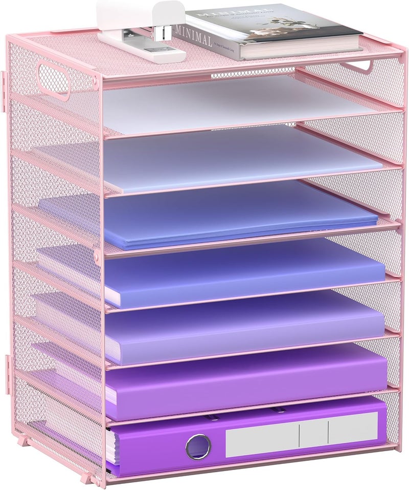 GoldOrcle 8 Tier Paper Letter Tray Organizer with Handles, Mesh Desk File Holder Storage Organization for Home School Classroom & Office (Pink) - Image 1